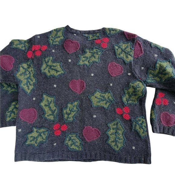 Vintage 90s Chunky 100% Wool Dark Gray Heart Sweater Holly Berries Sz Large - Picture 3 of 10